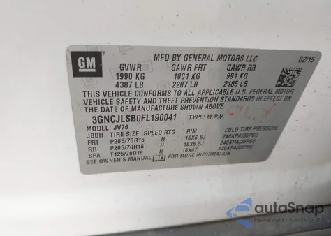 2015 Chevrolet Trax Lt z USA, uszkodzony, nr VIN 3GNCJLSB0FL190041